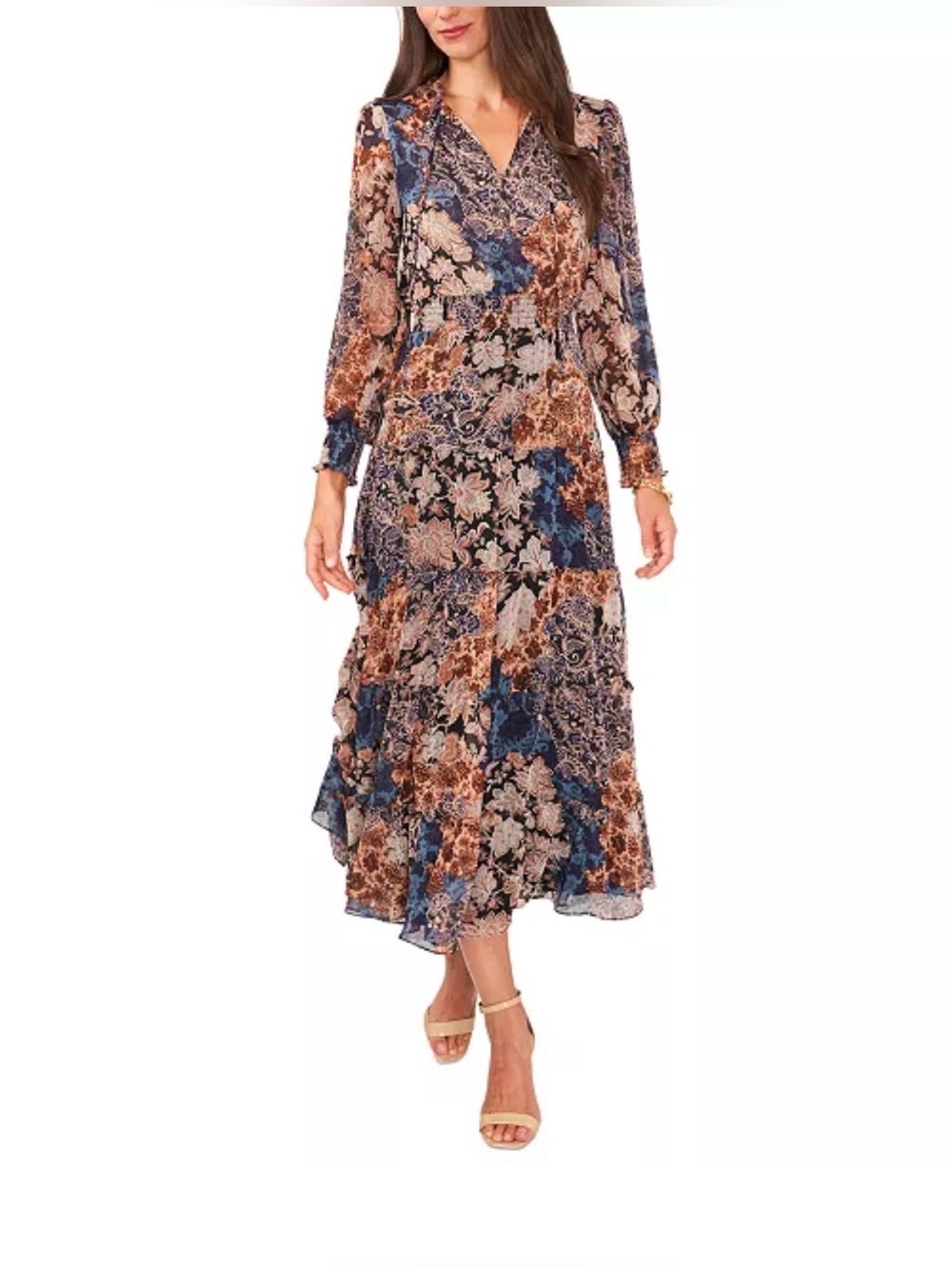 MSK - Floral Tiered maxi Dress in Blue and Brown
